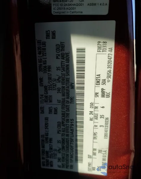 2015 Ford Escape S из США, поврежденный, VIN 1FMCU0F75FUA87915